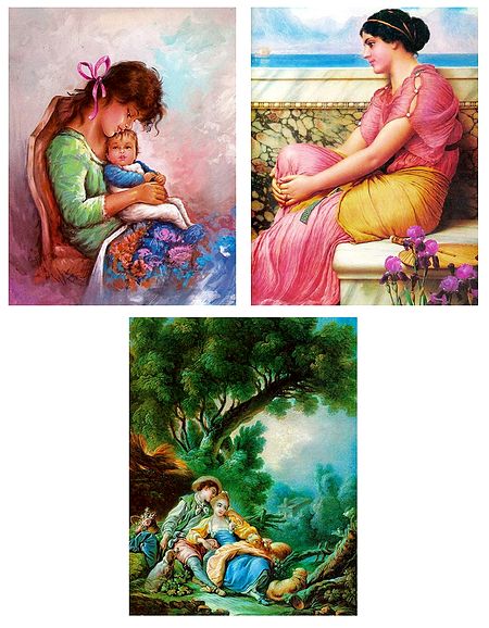 Mother and Child, European Lady and Lovers - Set of 3 Posters
