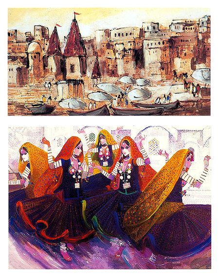 Banaras Ghat and Rajasthani Dancers - Set of 2 Small Posters