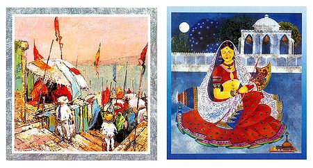 Varanasi Ghat and Rajasthani Woman - Set of 2 Small Posters