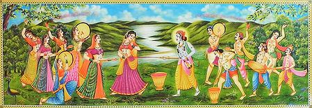 Krishna and Gopis Playing Festival of Color Holi with Radha and Gopinis