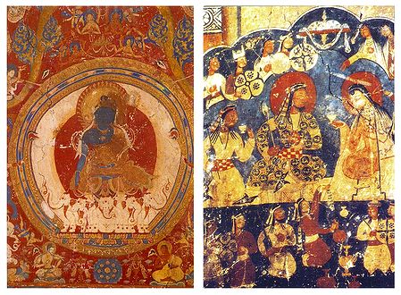 Buddha Akshobhaya and Royal Drinking Scene (Reprint of Medieval Paintings) in Alchi Monastery, Ladakh - Set of 2 Postcards