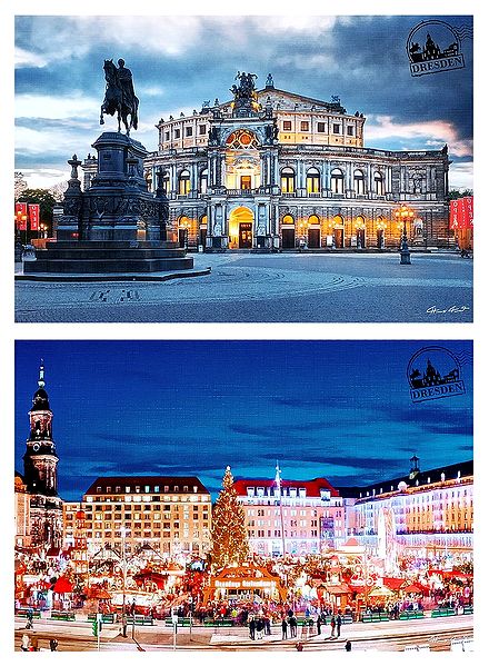 Theaterplatz and Christmas Market, Dresden, Germany - Set of 2 Postcards