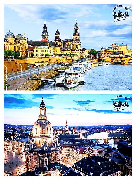 A Hotel and Church in Dresden, Germany - Set of 2 Postcards
