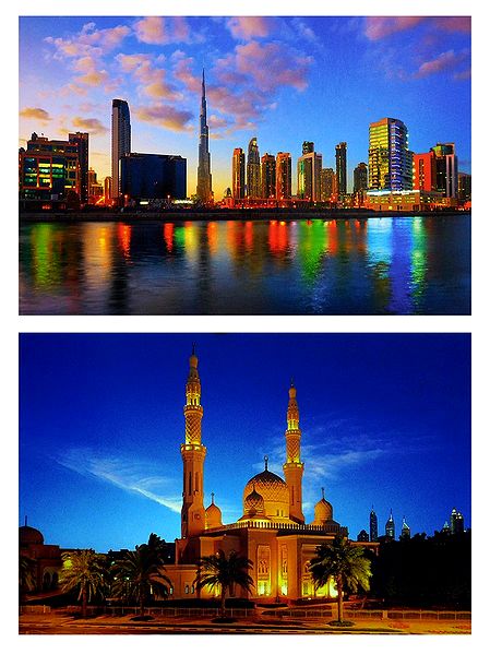 Jumeirah Mosque and Burj Khalifa, Downtown, Dubai - Set of 2 Postcards