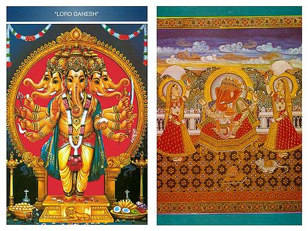 Panchamukhi Ganesha and Ganesha with Riddhi and Siddhi - (Set of Two Postcards)