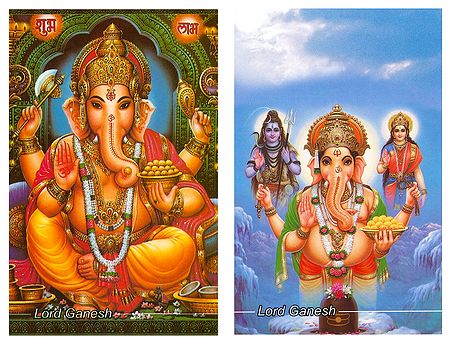 Ganesha and Ganesha with Shiva Parvati - Set of 2 Postcards