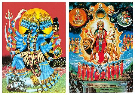 Mahakali and Devi Durga Surrounded by Gods and Sages - (Set of Two)