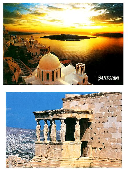 Santorini Sunset and The Caryatids, Acropolis, Athens, Greece - Set of 2 Postcards