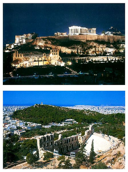 Acropolis by Night and The Odeion of Herodes Atticus, Athens, Greece - Set of 2 Postcards