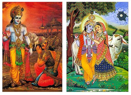 Lord Krishna, Arjuna and Radha krishna - (Set of Two Postcards)