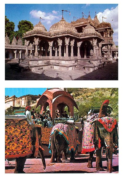Hathi Singh Jain Temple, Ahmedabad and Elephants in Amer Fort, Jaipur  - Set of 2 Postcards