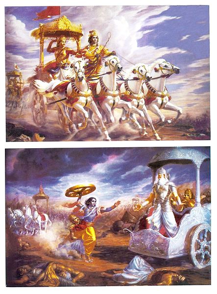 Krishna and Arjun in Kurukshetra War and Krishna Confronts Bhishma in Battle - (Set of Two)