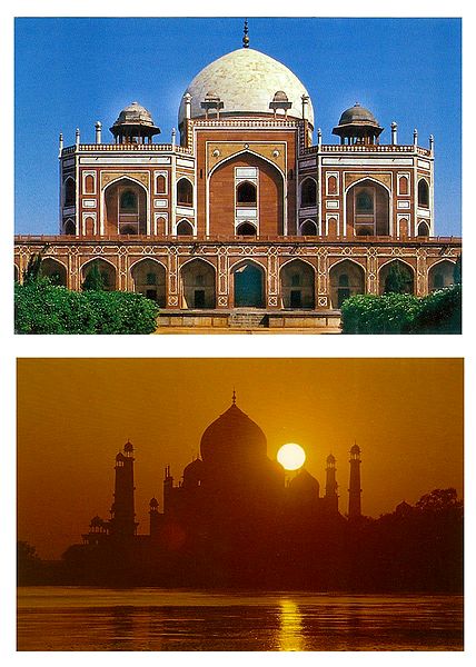 Humayun's Tomb, Delhi and Taj Mahal in Silhouette, Agra - Set of 2 Postcards