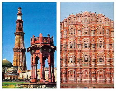 Qutab Minar in Delhi and Hawa Mahal in Jaipur - Set of 2 Postcards