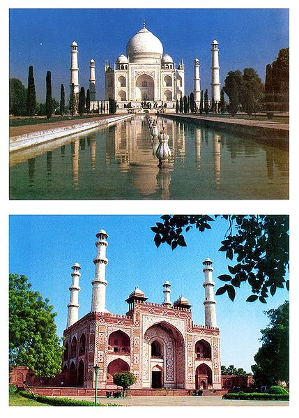 Taj Mahal and Mausoleum of Akbar at Agra - Set of 2 Postcards