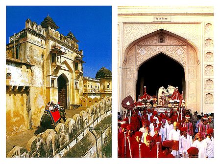 Elephants Descending from Amer Fort and Tripolia Gate, Jaipur - Set of 2 Postcards