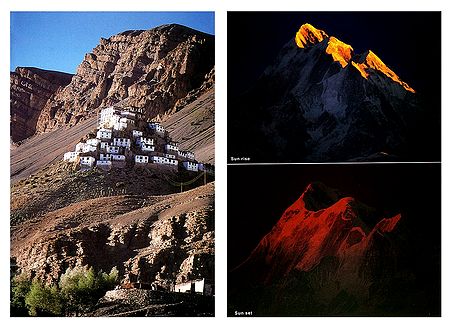 Ki Gompa Near Kaza and Sunrise, Sunset in Himalayas - Set of 2 Postcards