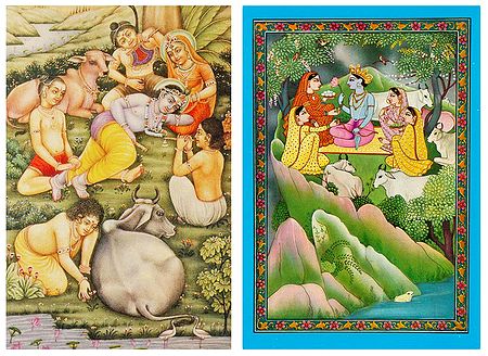 Radha Krishna with Gopis and Gopinis - Set of 2 Postcards