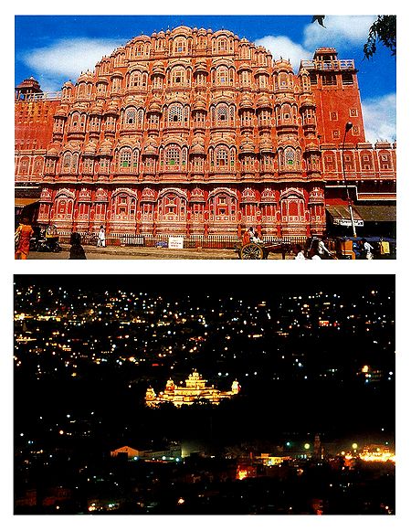 The Hawa Mahal and Night View of the Museum, Jaipur - Set of 2 Postcards