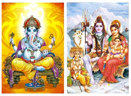 Ganesha and Shiva,Parvati and Ganesha - (Set of Two Postcards)