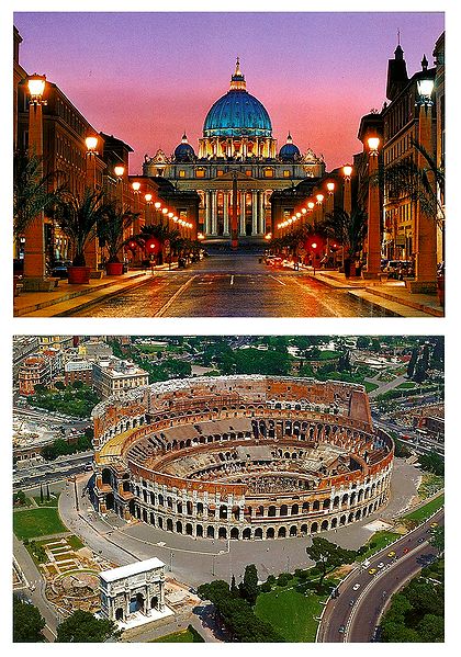 Colosseum in Rome and St. Peter's Basilica in Vatican - Set of 2 Postcards