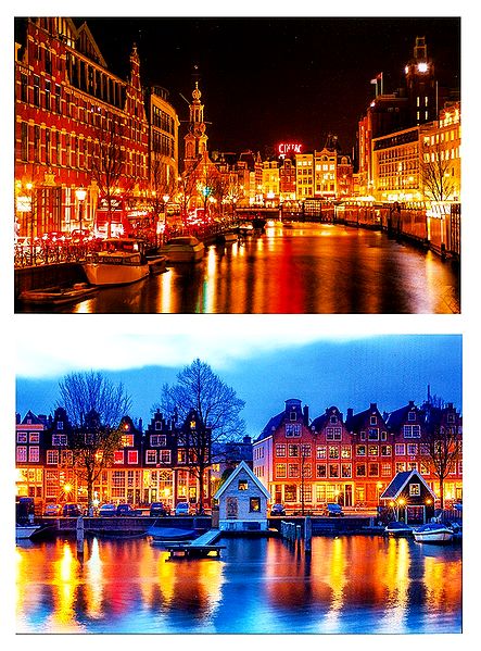 Night View of Amsterdam, Netherlands - Set of 2 Postcards