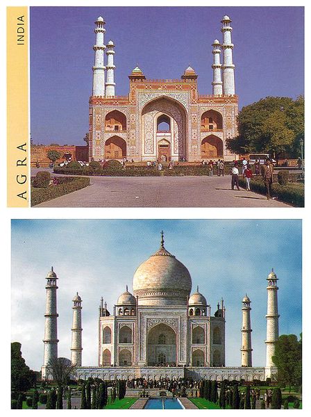 The Entrance of Sikandra, the Tomb of Akbar and Taj Mahal in Agra - Set of 2 Postcards