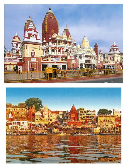 Birla Temple in Delhi and Dashaswamedh Ghat in Varanasi - Set of 2 Postcards