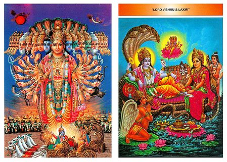 Lord Krishna's Virat Roop and Vishnu, Lakshmi - (Set of Two Postcards)