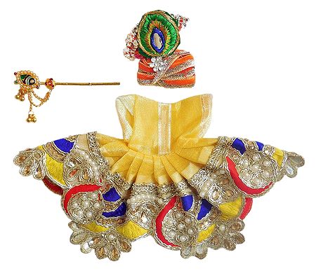 Embroidered Yellow Dress, Crown and Flute for 4 Inches Bal Gopal Idol