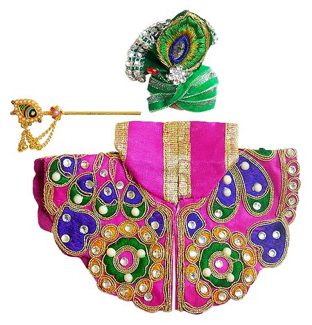 Embroidered Magenta Dress, Crown and Flute for 4 Inches Bal Gopal Idol