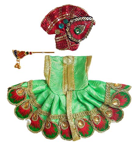 Embroidered Green Dress, Crown and Flute for 3 Inches Bal Gopal Idol