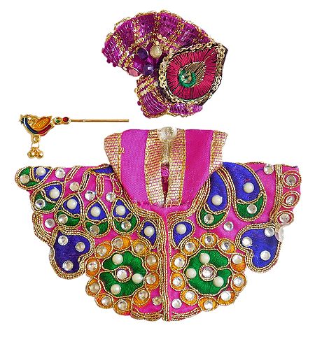 Embroidered Multicolor Dress, Crown and Flute for 3 Inches Bal Gopal Idol