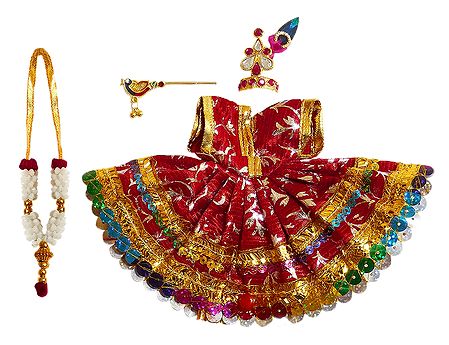 Red Dress, Crown, Garland and Flute for 5 Inches Bal Gopal Idol