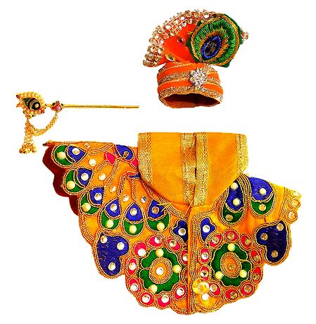 Yellow Dress, Crown and Flute for 4 Inches Bal Gopal Idol