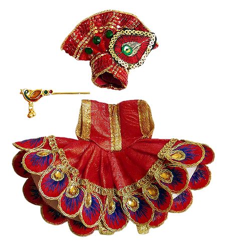 Red Dress, Crown and Flute for 3 Inches Bal Gopal Idol