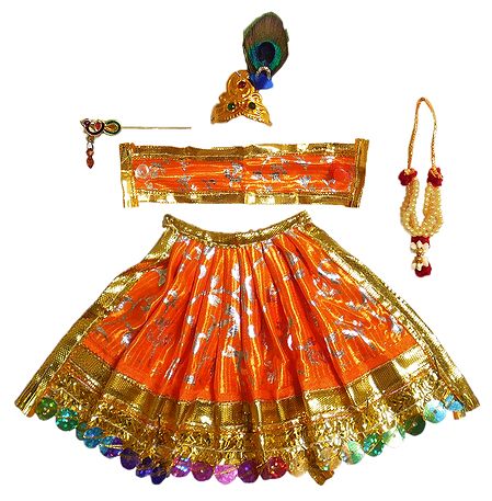 Saffron Dress, Crown, Garland and Flute for 5 Inches Krishnal Idol