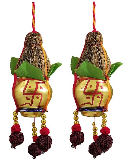 Pair of Hanging Metal Kalash with Coconut for Puja Decoration