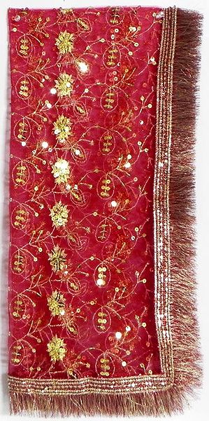 Red Chunni with Golden Sequin and Golden Thread Work for Matarani