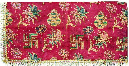 Red Chunni with Swastik, Kalash, Flower Print