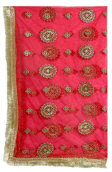 Red Net Matarani Chunni with Golden Embroidery