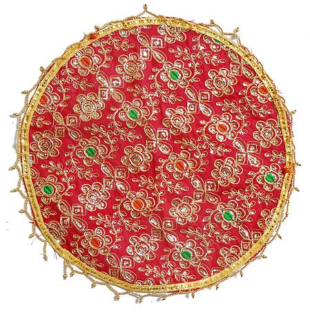 Red Art Silk Puja Thali Cover with Sequin and Golden Zari Work