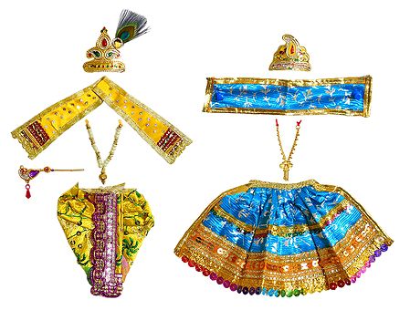 Yellow and Blue Dresses and Accessories for 7 Inches Radha Krishna Idols