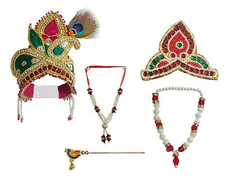 Set of 2 Crowns, Flute and Necklaces for 8 to 10 inches Radha Krishna