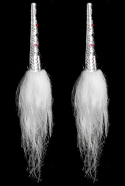 Pair of Small White Chamor with Carved White Metal Handle for Puja Aarti