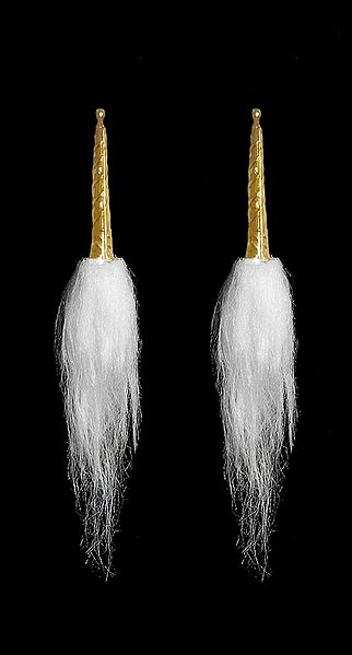 Pair of Small White Chamor with Carved Golden Metal Handle for Puja Aarti