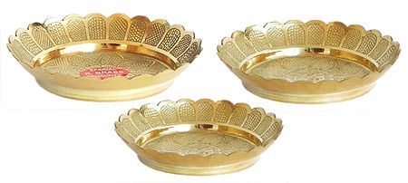 Set of 3 Carved Brass Puja Thali