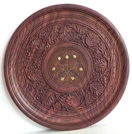 Wood Carved Ritual Plate with Brass Inlay