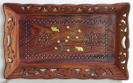 Wood Carved Ritual Tray with Brass Inlay