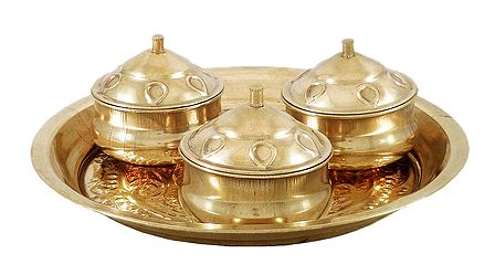 Brass Thali with Kumkum, Haldi and Chandan Containers